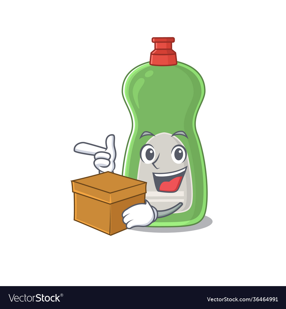 A smiling dishwashing liquid cartoon having box Vector Image