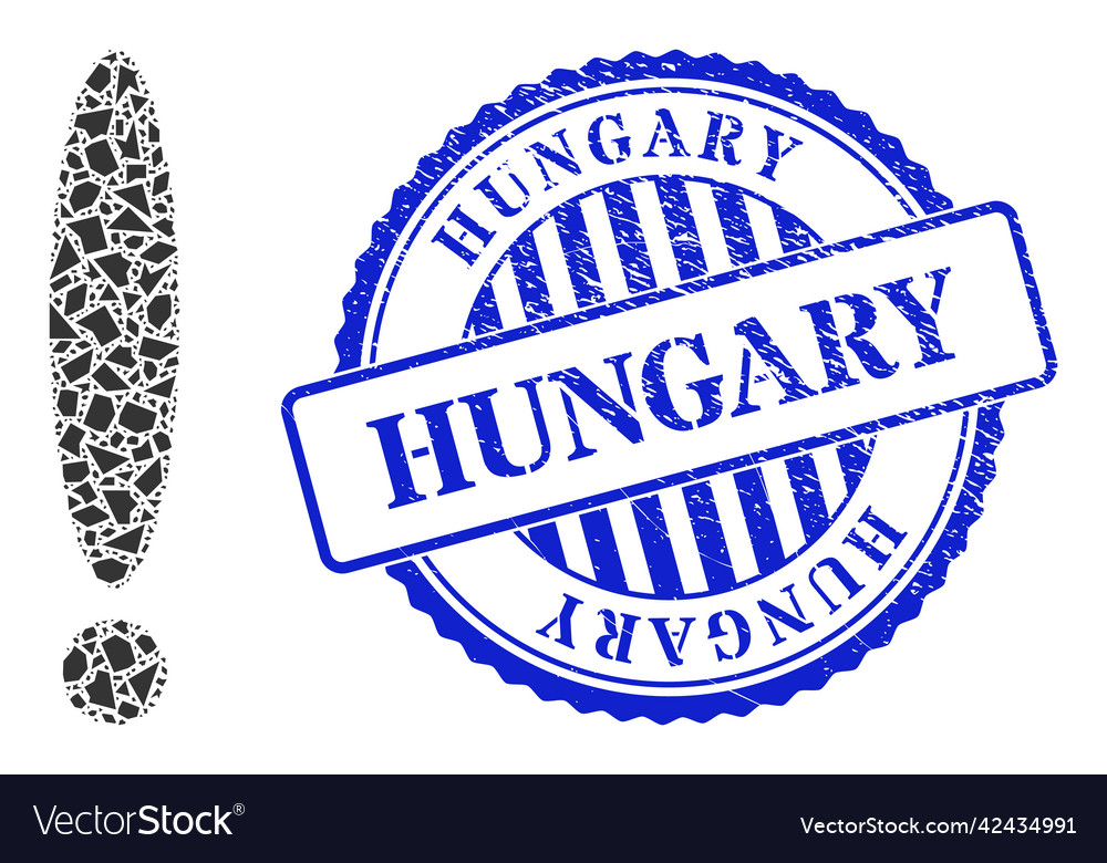 Detritus mosaic exclamation sign icon with hungary