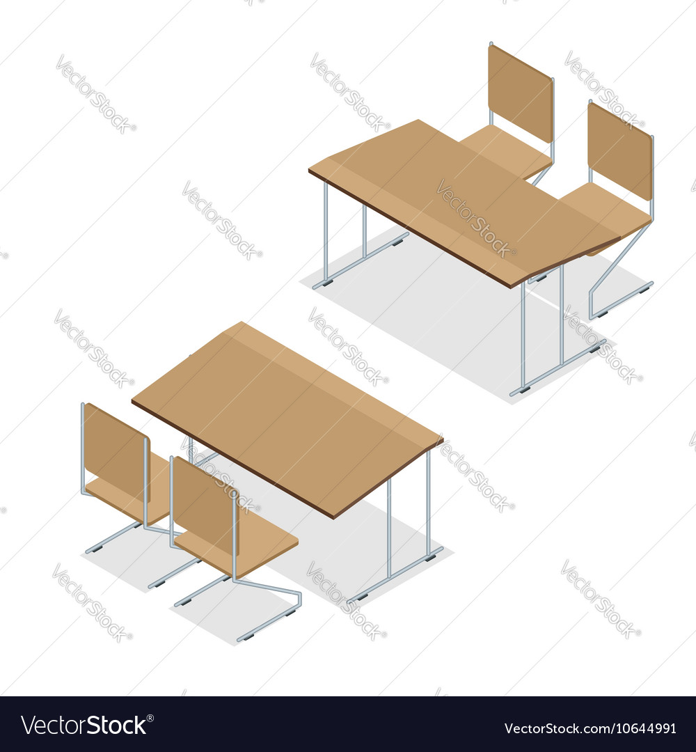 Isometric Wooden School Desk And Chair Isolated On