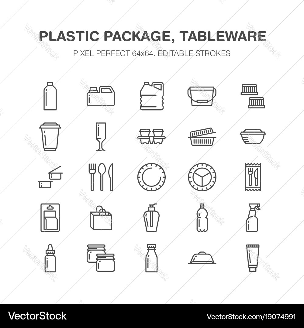 Plastic packaging disposable tableware line icons Vector Image