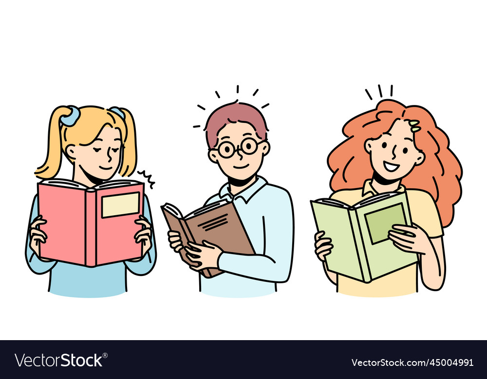 Portraits of curious children loving to read paper