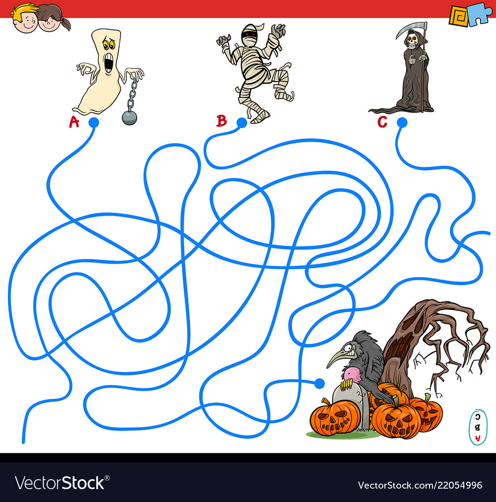 Lines maze game with spooky halloween characters Vector Image