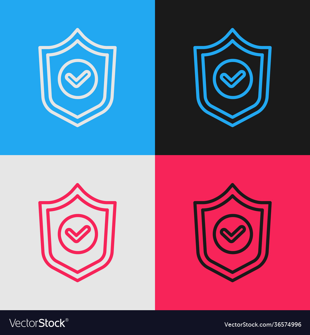 Pop art line shield with check mark icon isolated vector image Pop art line shield with check mark icon isolated