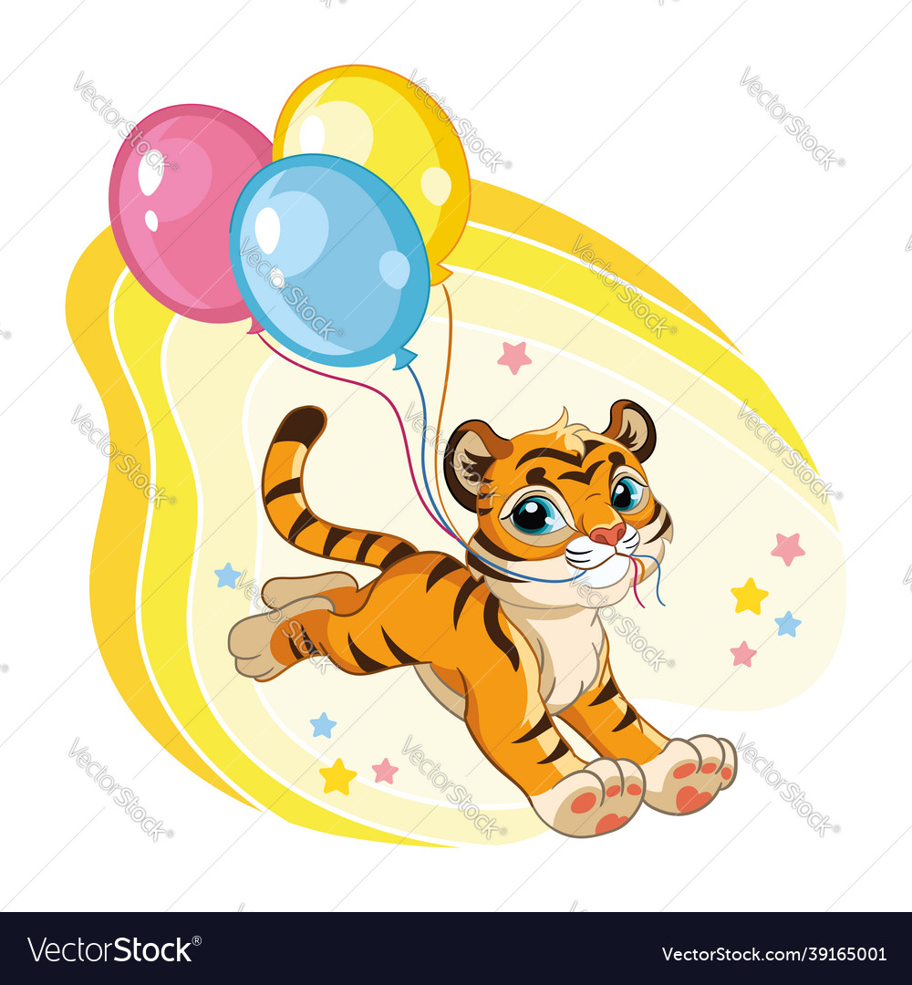 Cute cartoon tiger runs with balloons vector image Cute cartoon tiger runs with balloons