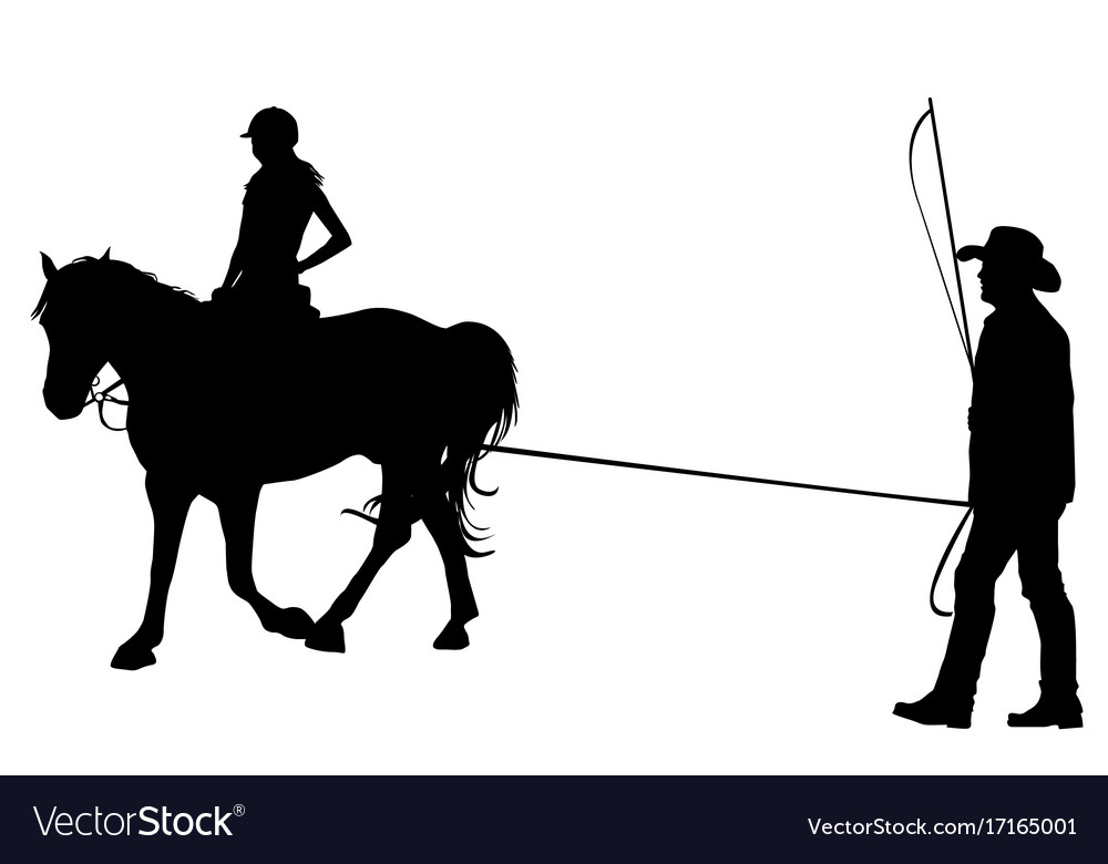 Girl riding on the horse with her trainer