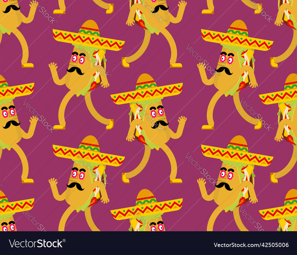 Cartoon taco in sombrero pattern seamless mexican