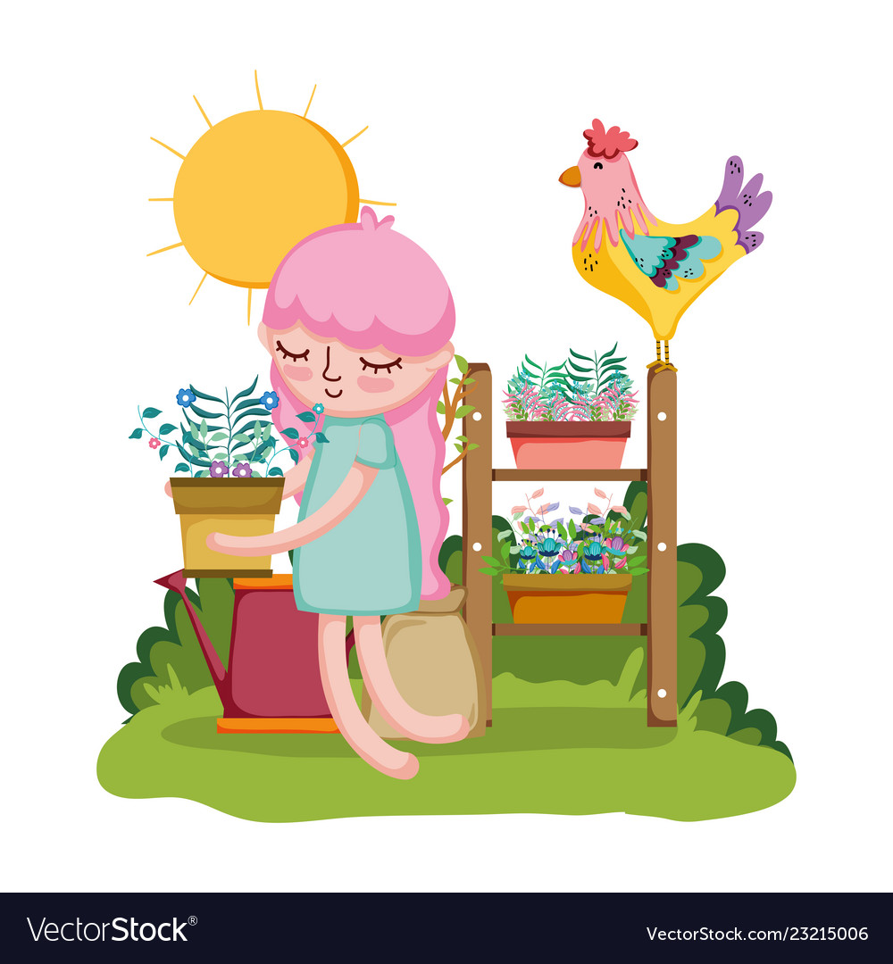 Mädchen heben Hauspflanze mit Hahn im Garten vector image Mädchen heben Hauspflanze mit Hahn im Garten