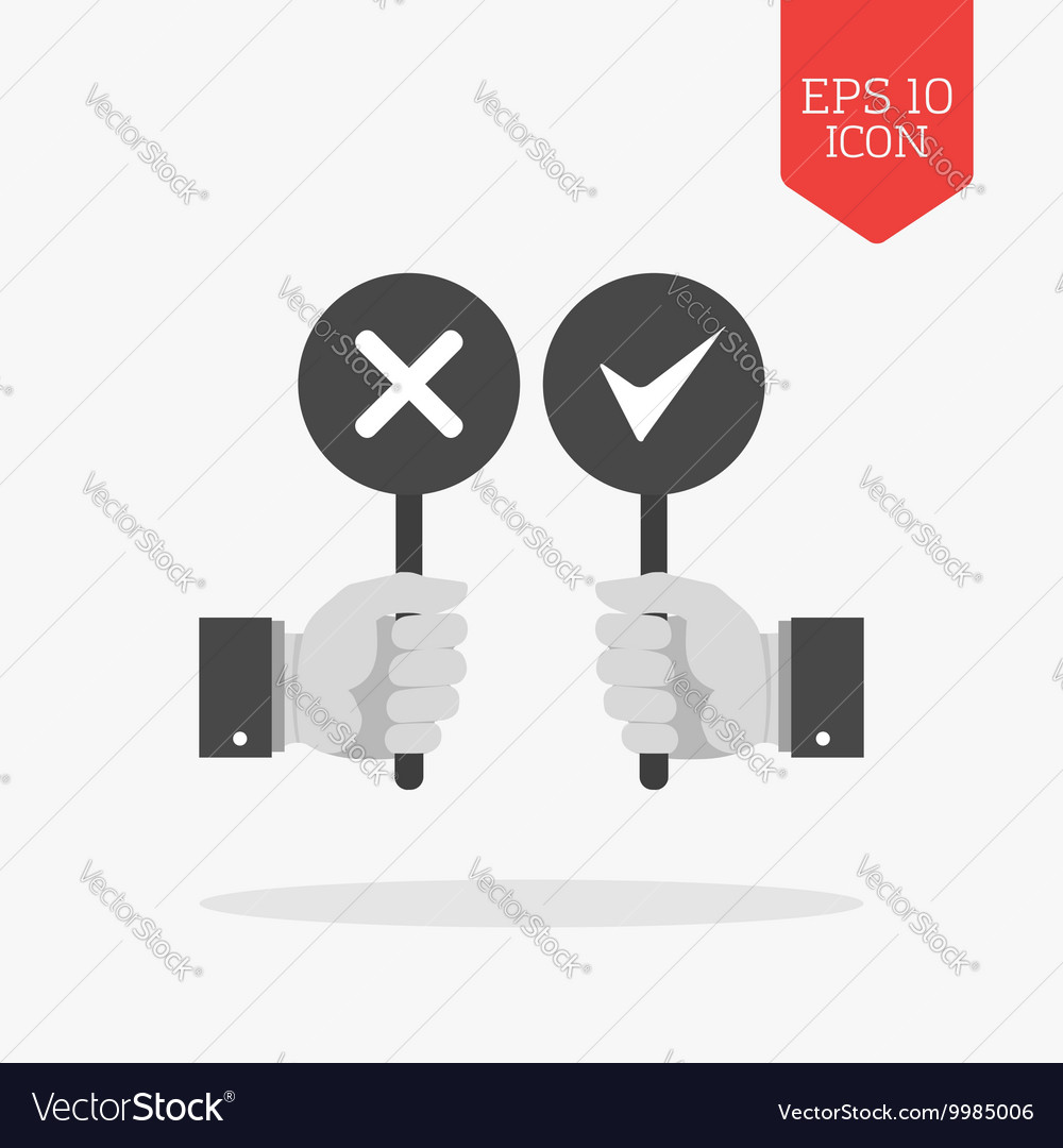 Hands holding right and wrong signs icon flat