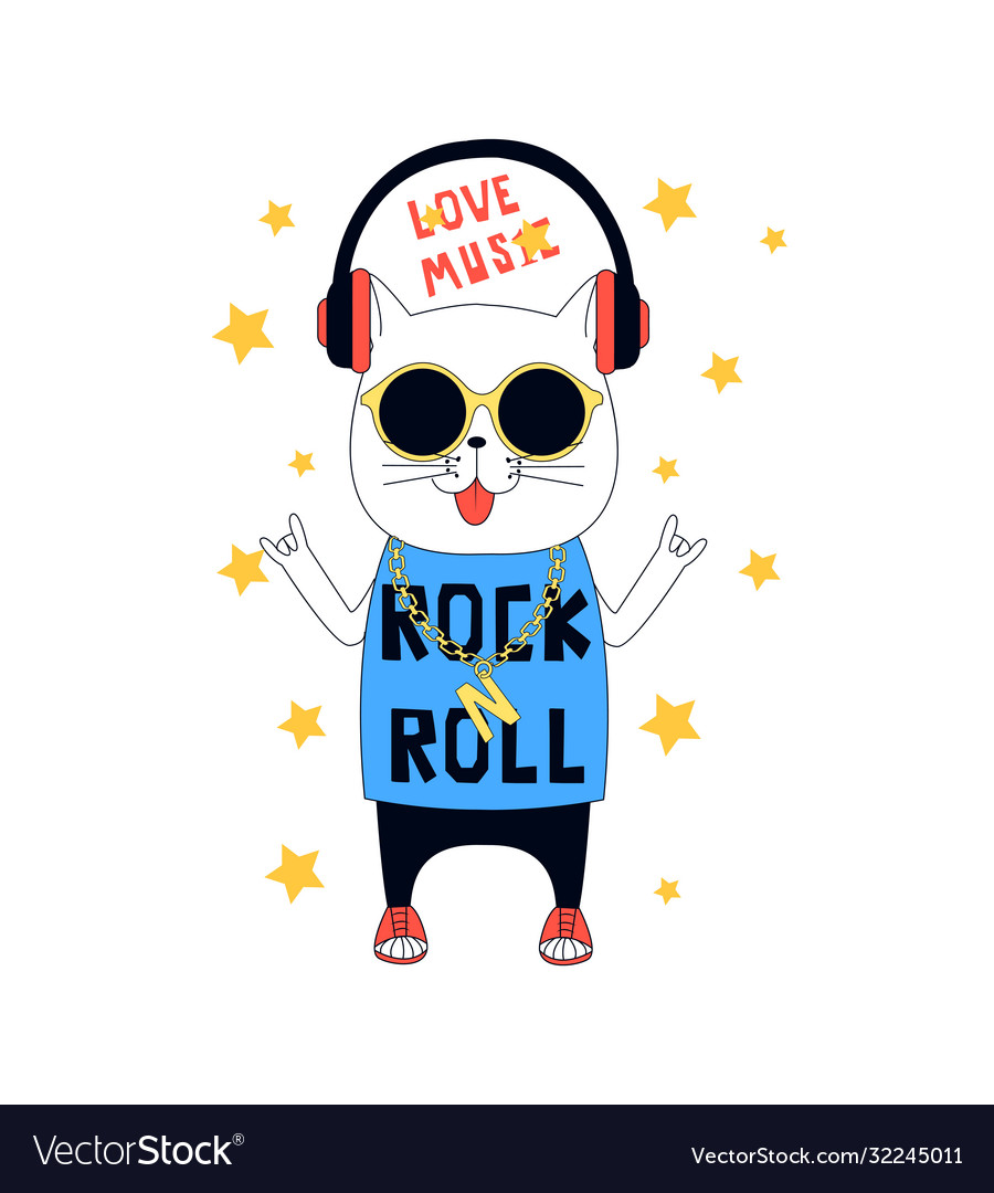 Hand Drawn Rock And Roll Elements And Cat Vector Image 3974