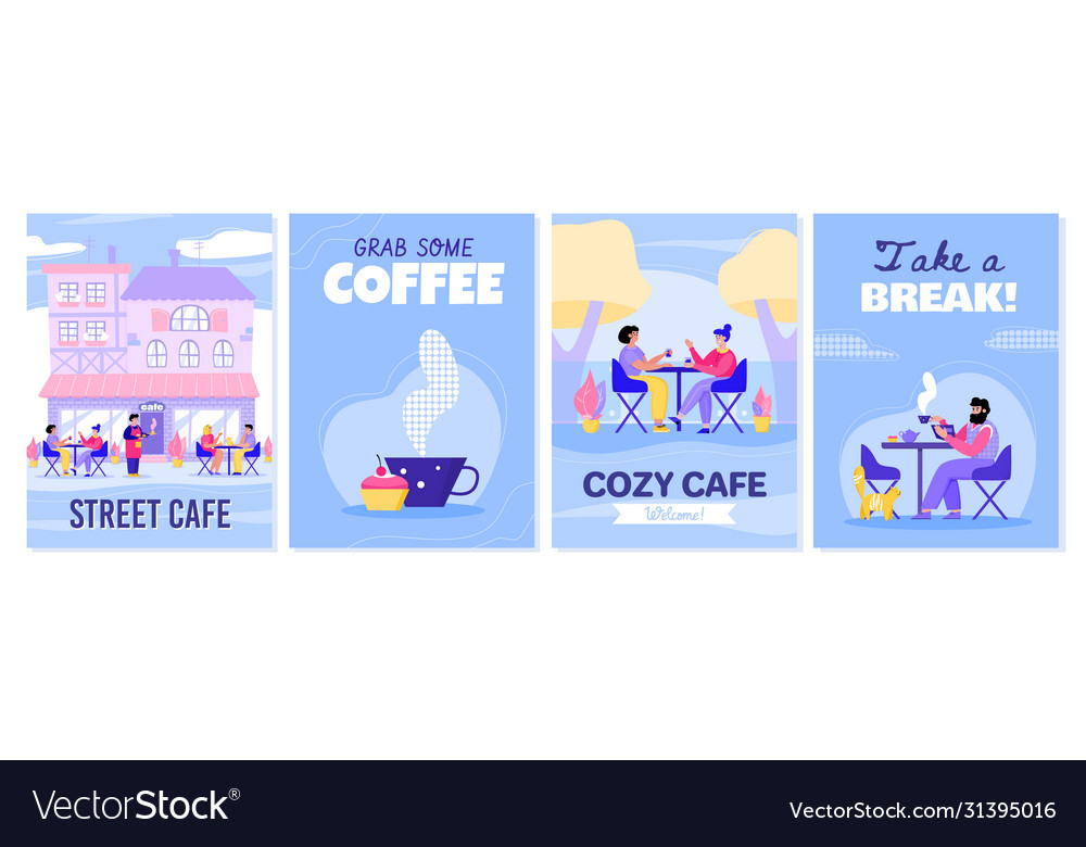 Cards or banners set with people drink coffee flat