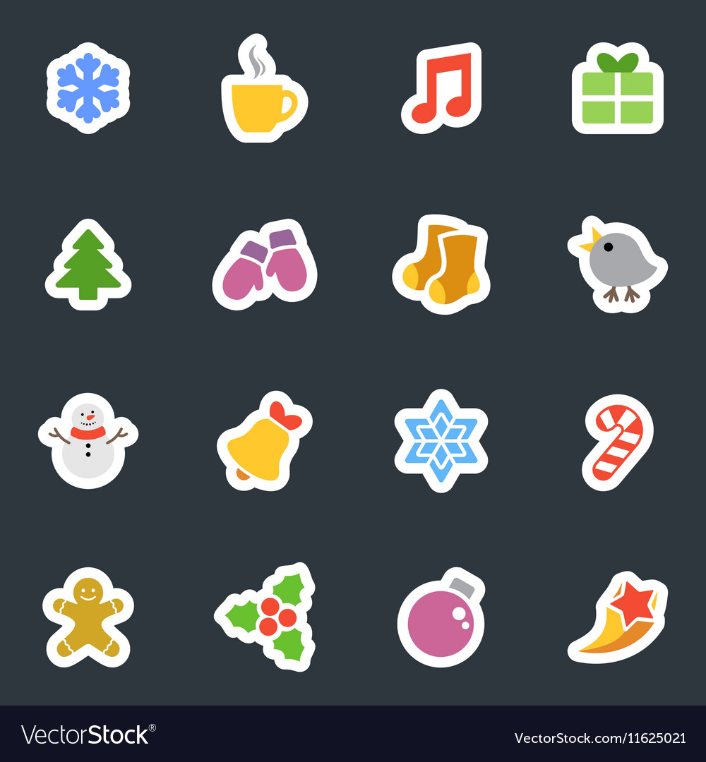 Winter flat style stickers icon set on dark