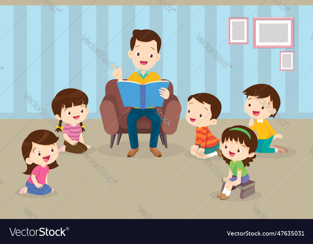 Children listen dad mom grandparents reading book Vector Image