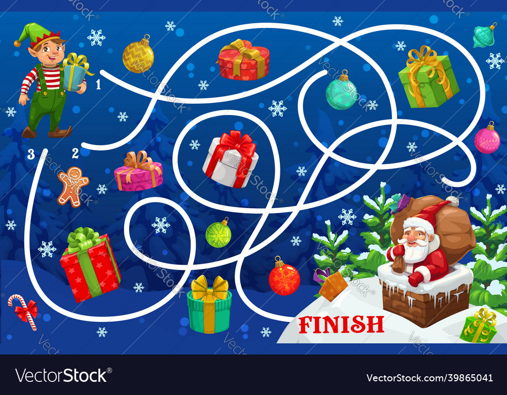 Christmas maze game with santa and gifts labyrinth vector image Christmas maze game with santa and gifts labyrinth