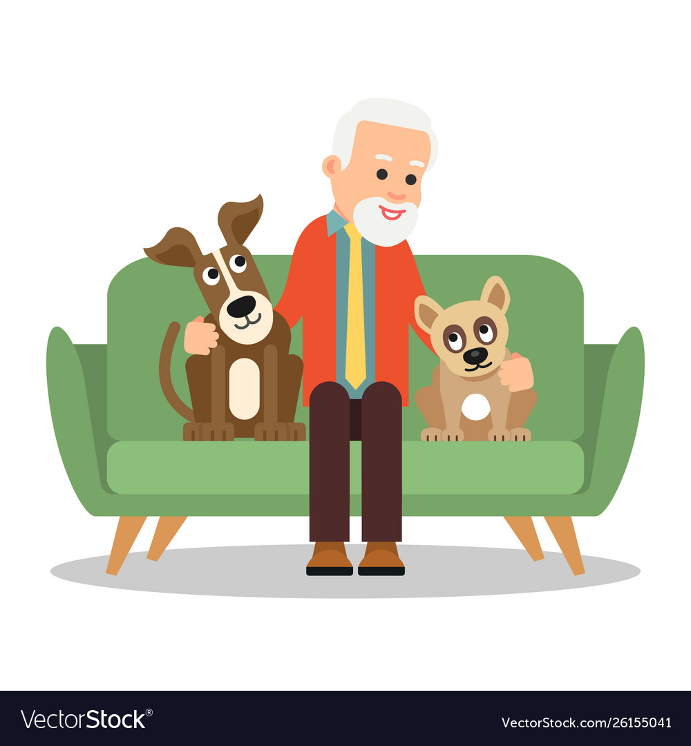 Alter Mann mit Hund grandpa sitzt auf Sofa