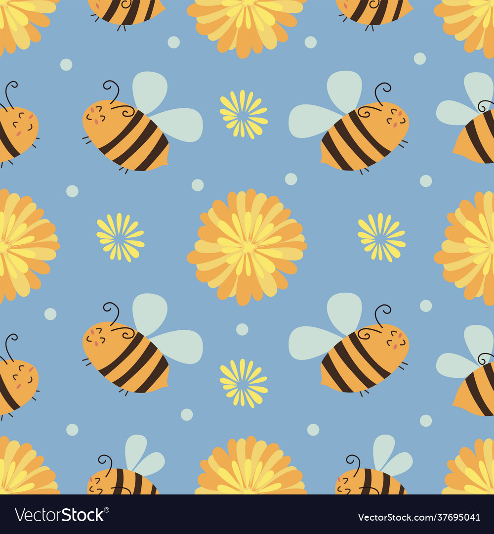 Seamless pattern with asters and bees hand vector image Seamless pattern with asters and bees hand