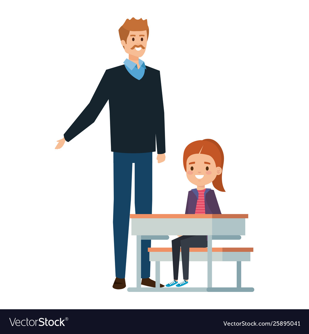 Student girl in school desk with male teacher