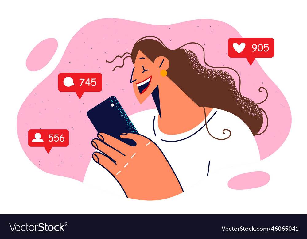 Woman blogger with phone feels joy when she sees vector image Woman blogger with phone feels joy when she sees