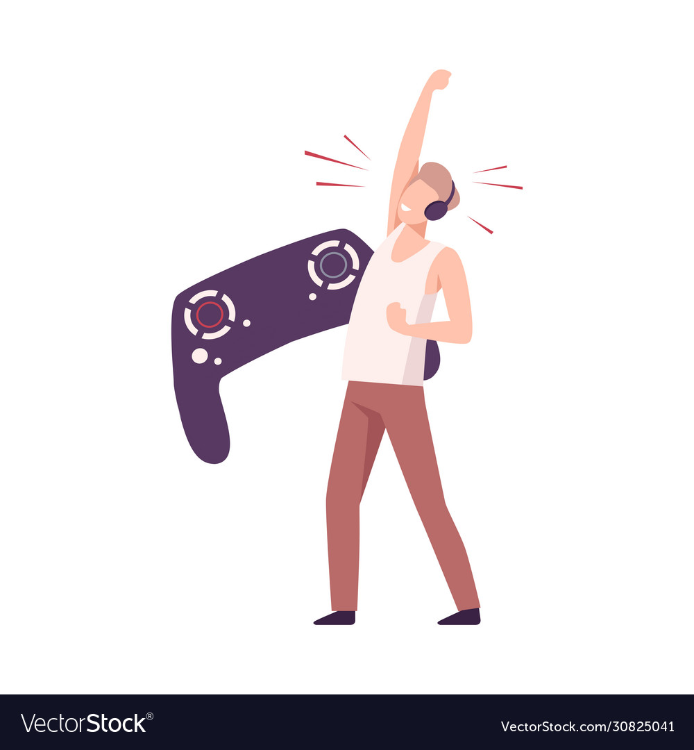 Young man celebrating his win in video game Vector Image