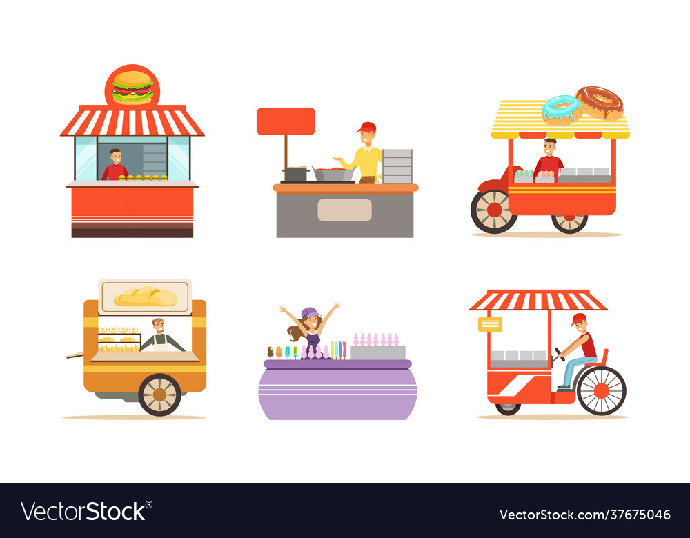 Street cart and booth with man woman at market Vector Image