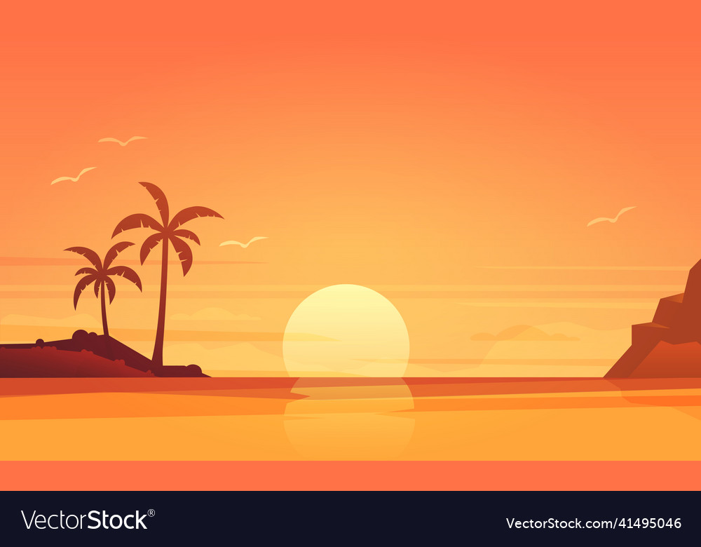 Sunset sea beach and sun ocean sunrise palms vector image Sunset sea beach and sun ocean sunrise palms