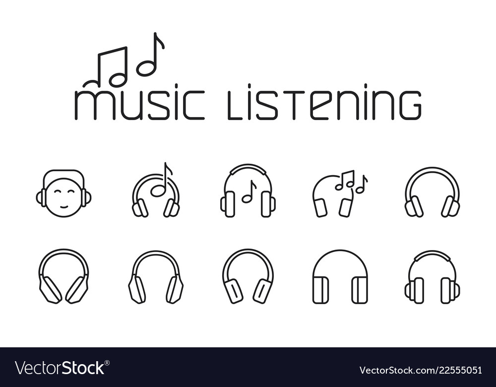 Line music listening icons set on white background