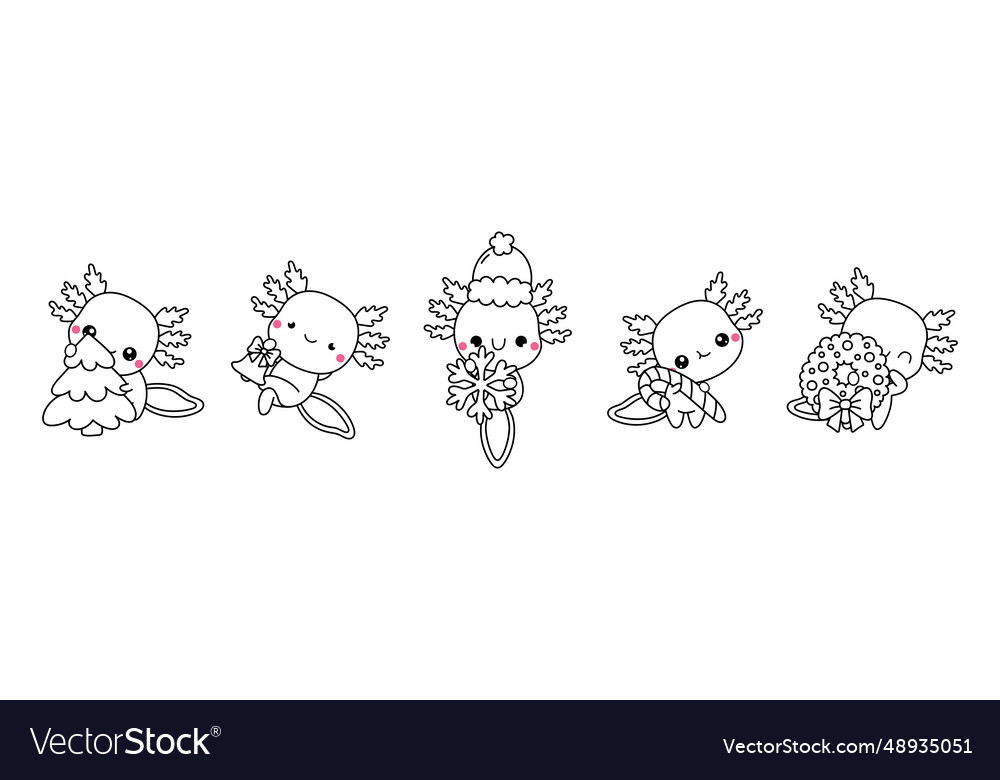 Set von kawaii christmas axolotl Färbung Seite