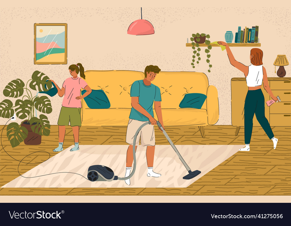 Family cleaning living room concept Royalty Free Vector