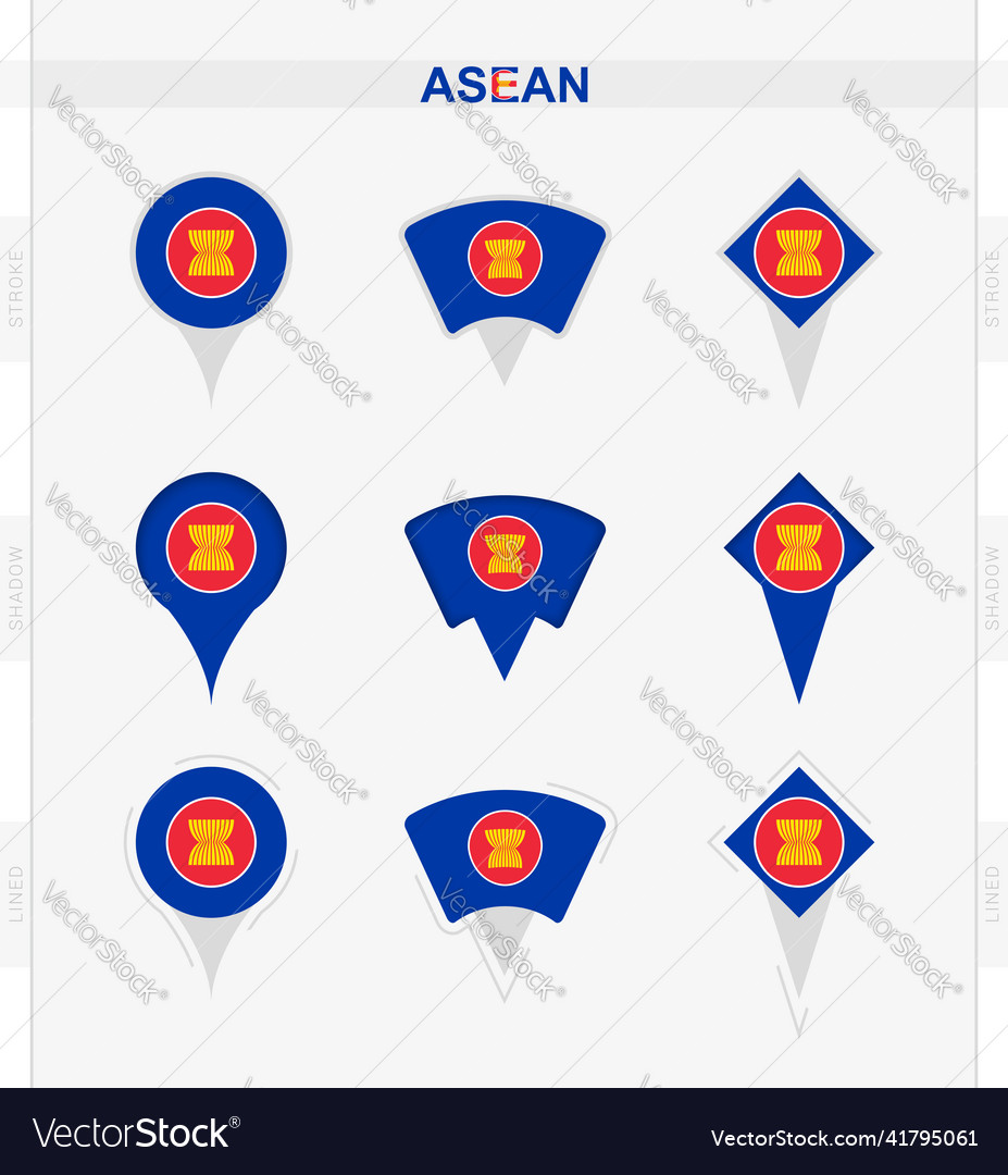 Asean flag set of location pin icons