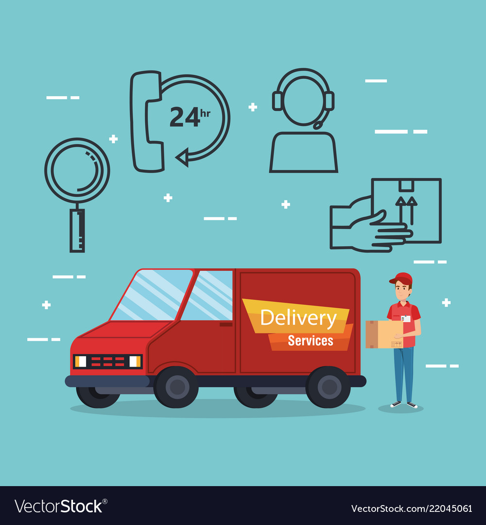 Delivery service worker character with set icons vector image Delivery service worker character with set icons