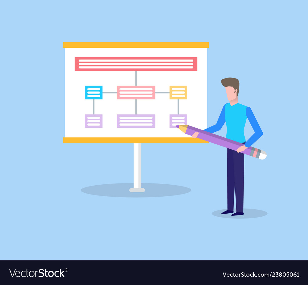 Man with pencil showing scheme on panel vector image Man with pencil showing scheme on panel