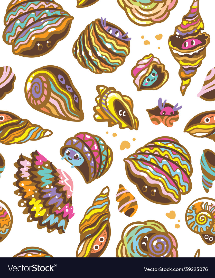 Cute kawaii seashells seamless pattern