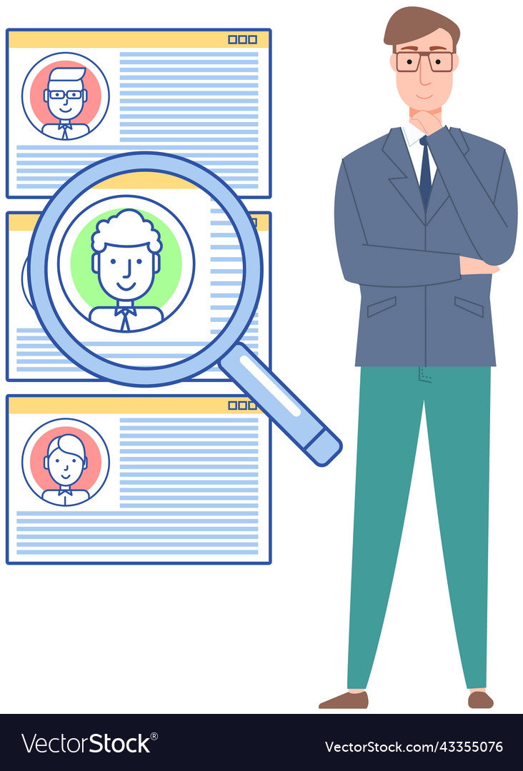 Man analysing user profiles in social network vector image Man analysing user profiles in social network