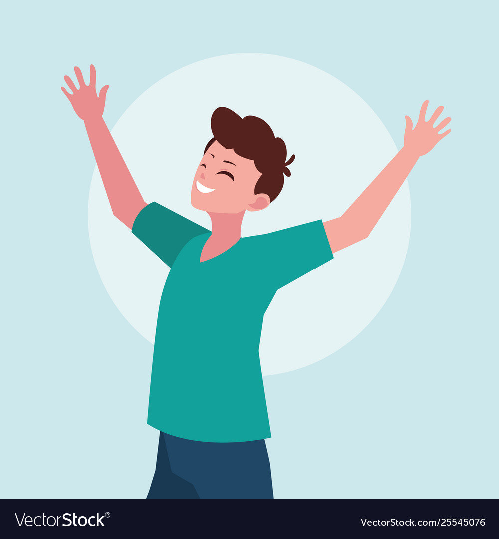 Young man happy celebrating with hands up Vector Image