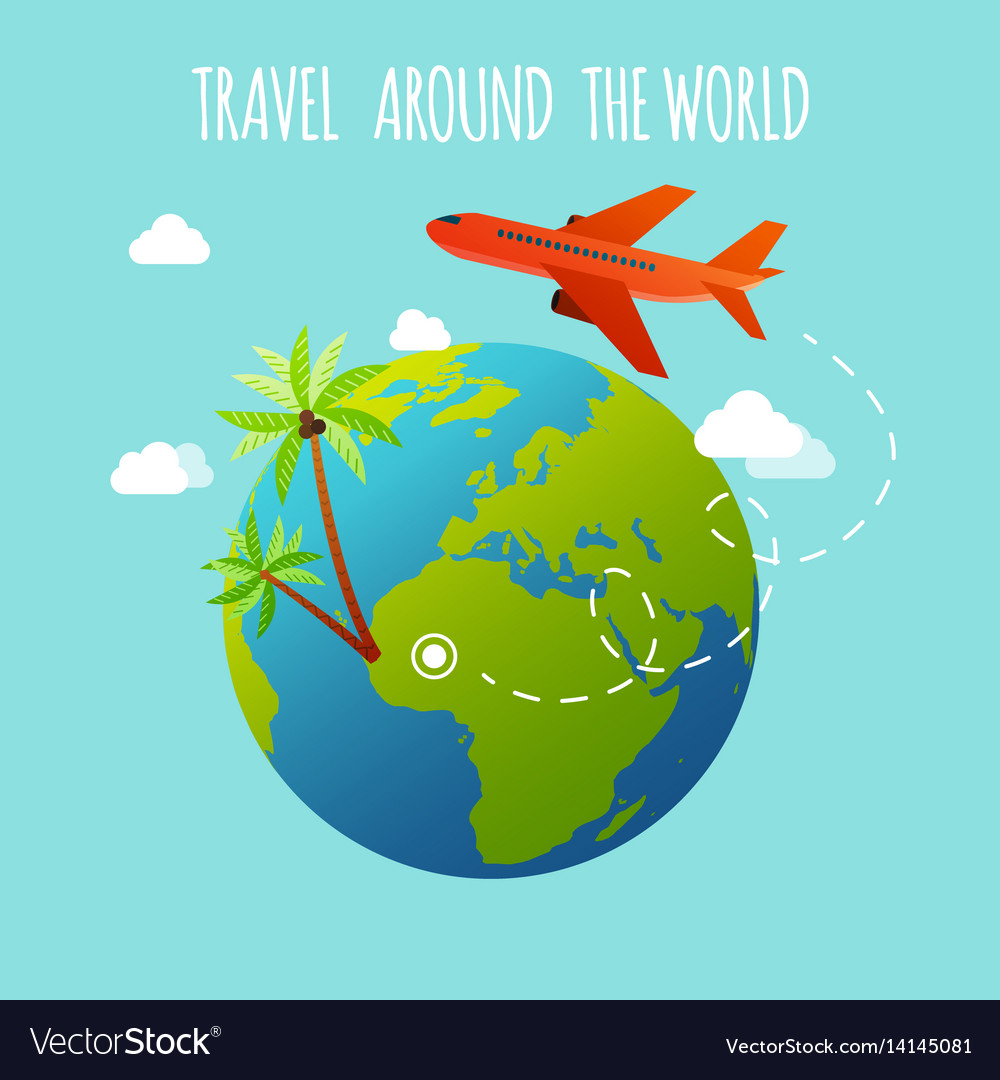 Plane is flying around earth travel and Royalty Free Vector