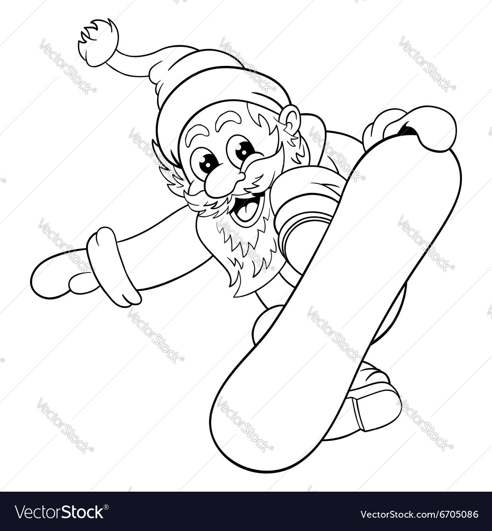 Cartoon santa claus makes jump on snowboard