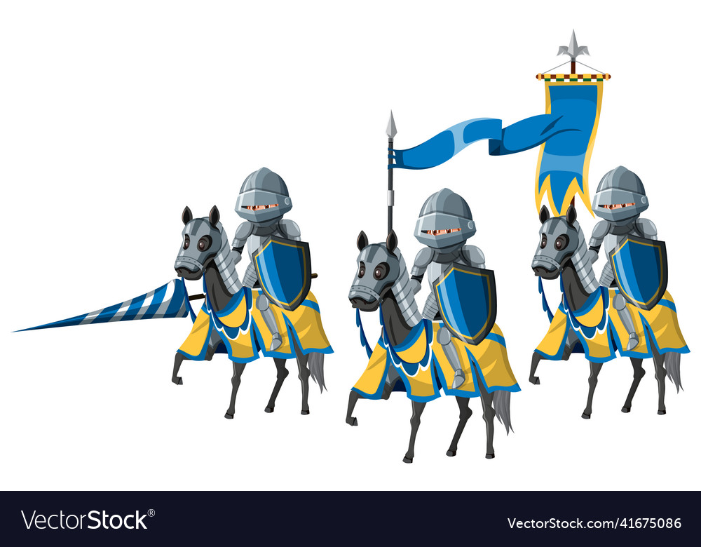 Group of medieval knights on horseback white