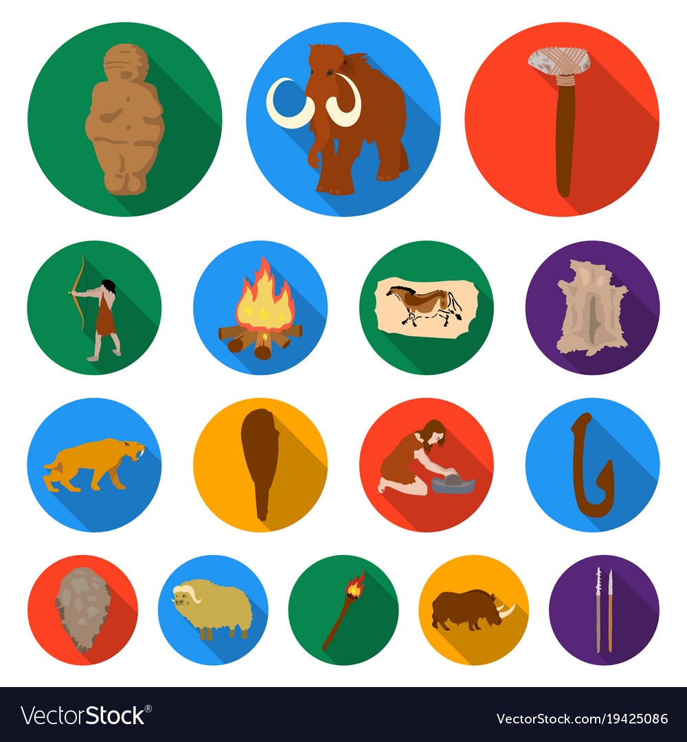 Life in the stone age flat icons set collection