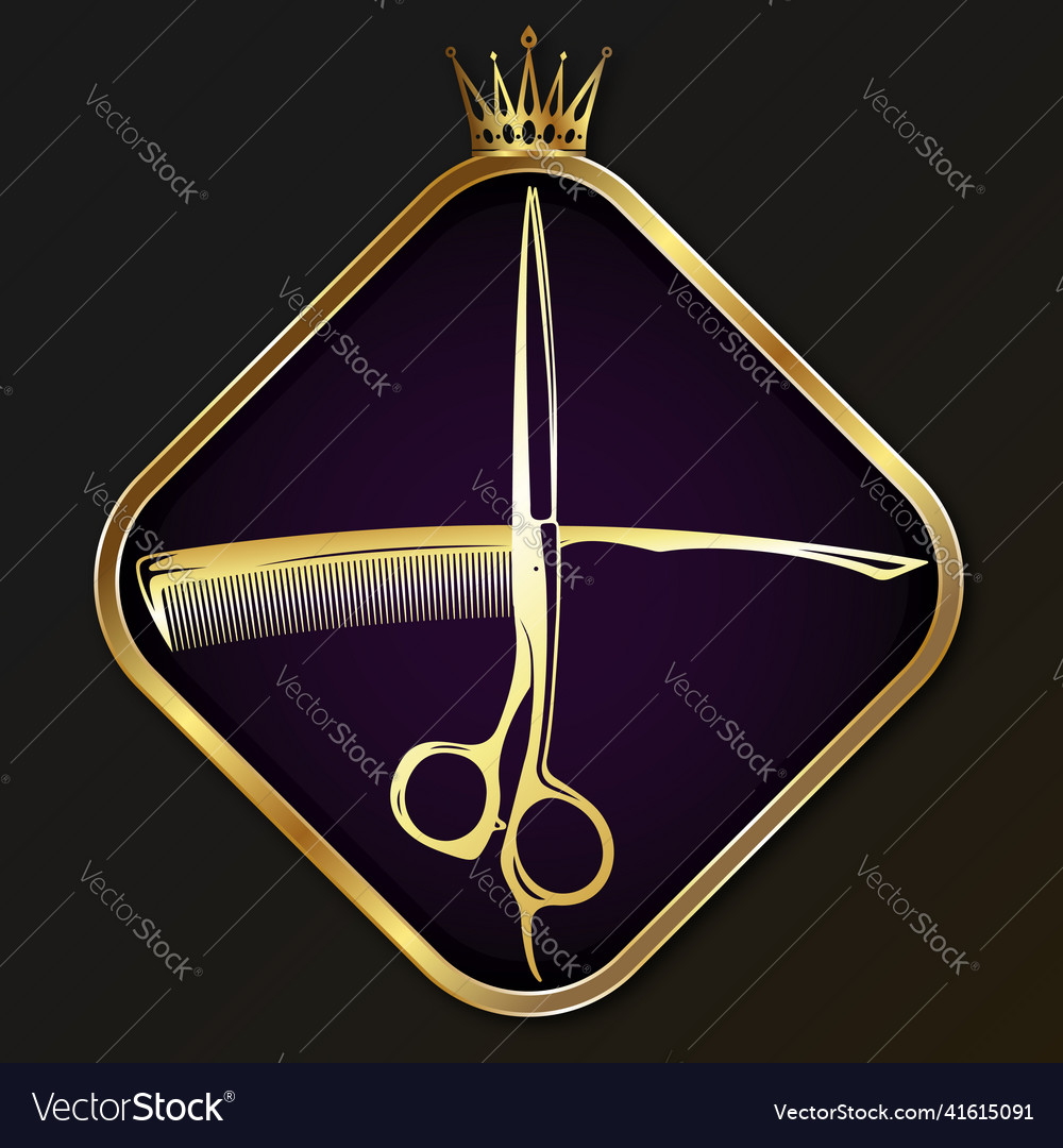 Golden scissors and comb with crown symbol Vector Image