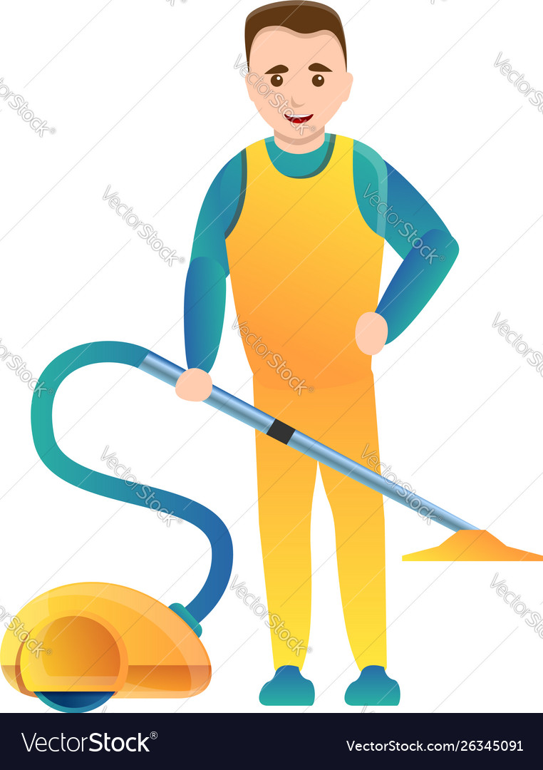 Man use vacuum cleaner icon cartoon style