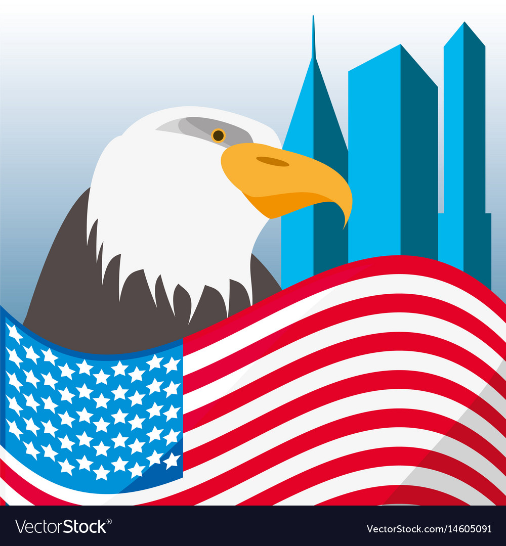 Nice eagle with american flag in the city