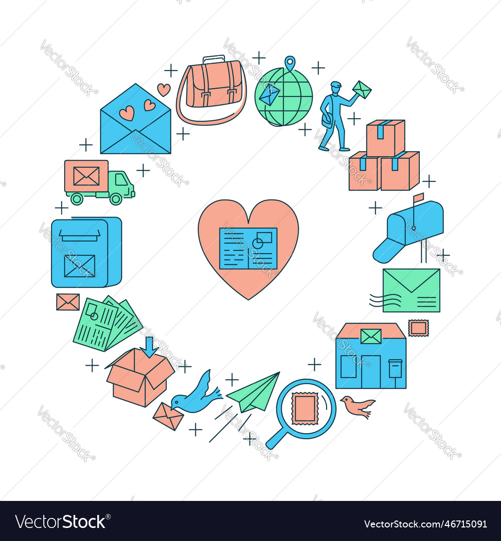 Post service round banner in colored line style vector image Post service round banner in colored line style