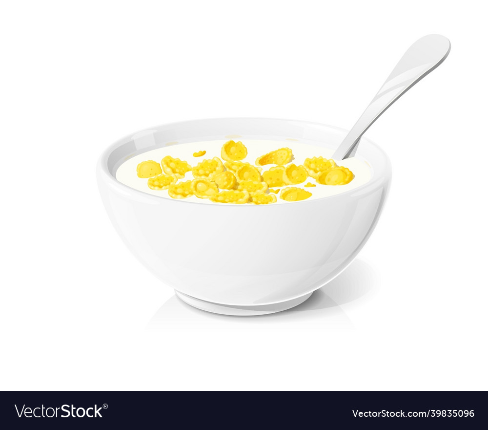 Cornflakes in ceramic bowl with spoon corn cereal vector image Cornflakes in ceramic bowl with spoon corn cereal