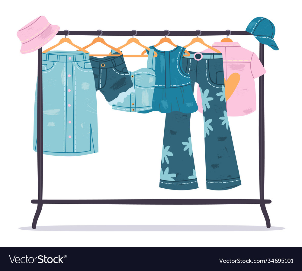 Denim clothing jeans garments hanging on hanger