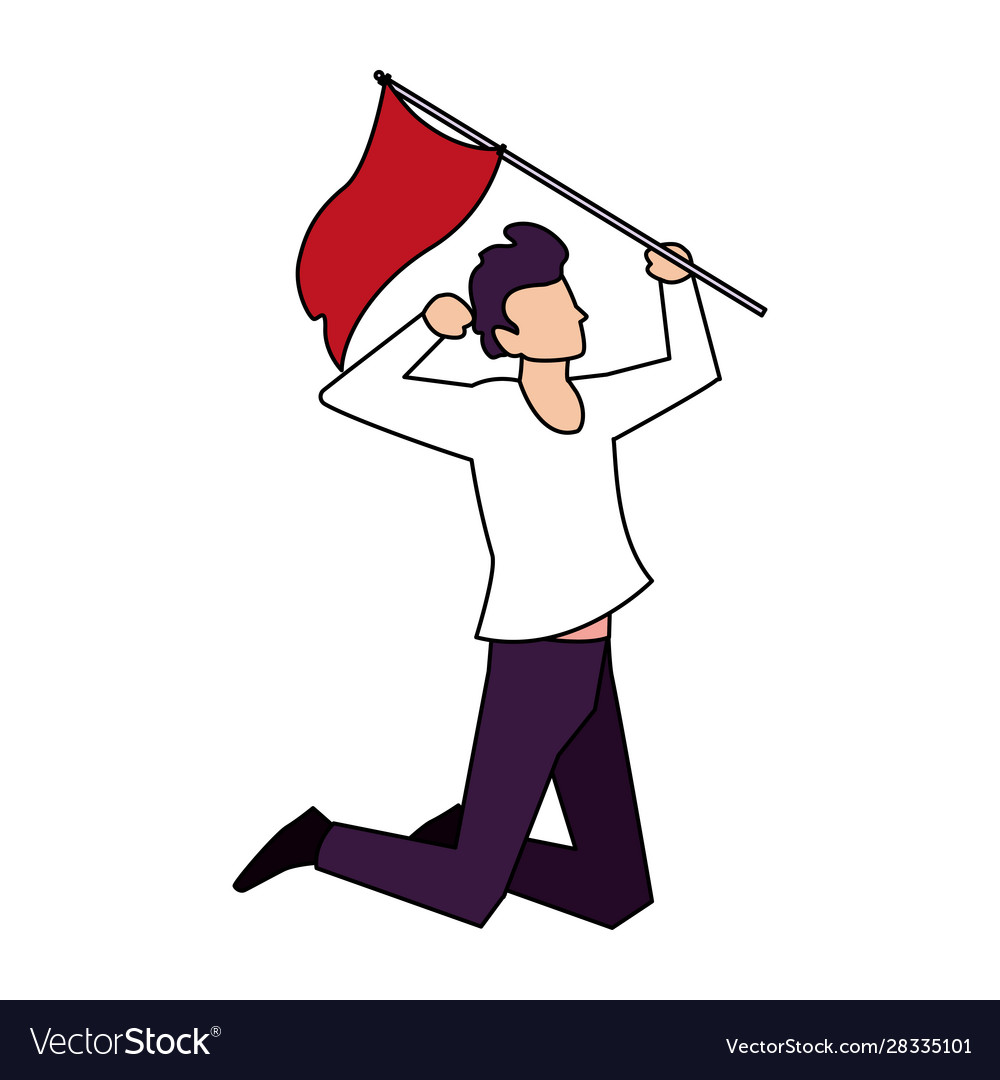 Man with flag waving on a stick white