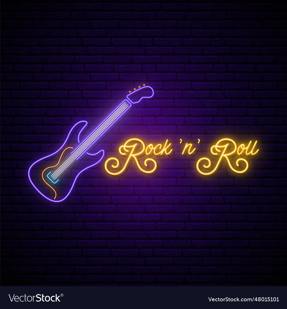 Neon rock and roll music sign glowing guitar