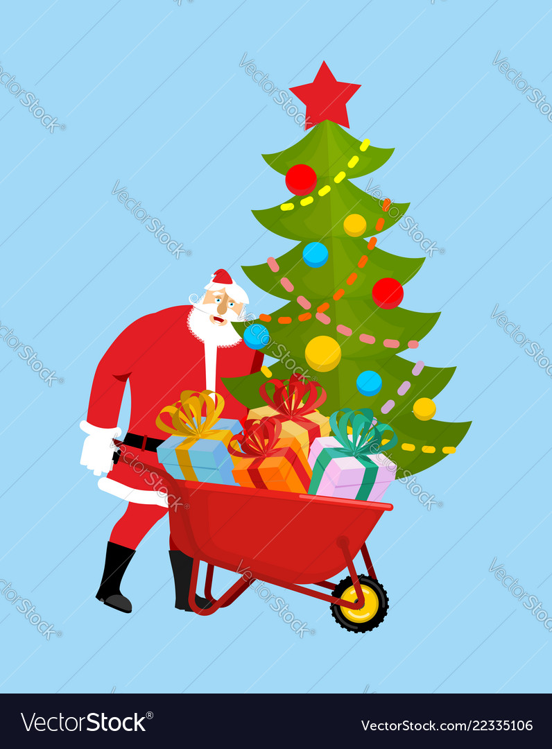 Santa claus wheelbarrow and gifts xmas grounds