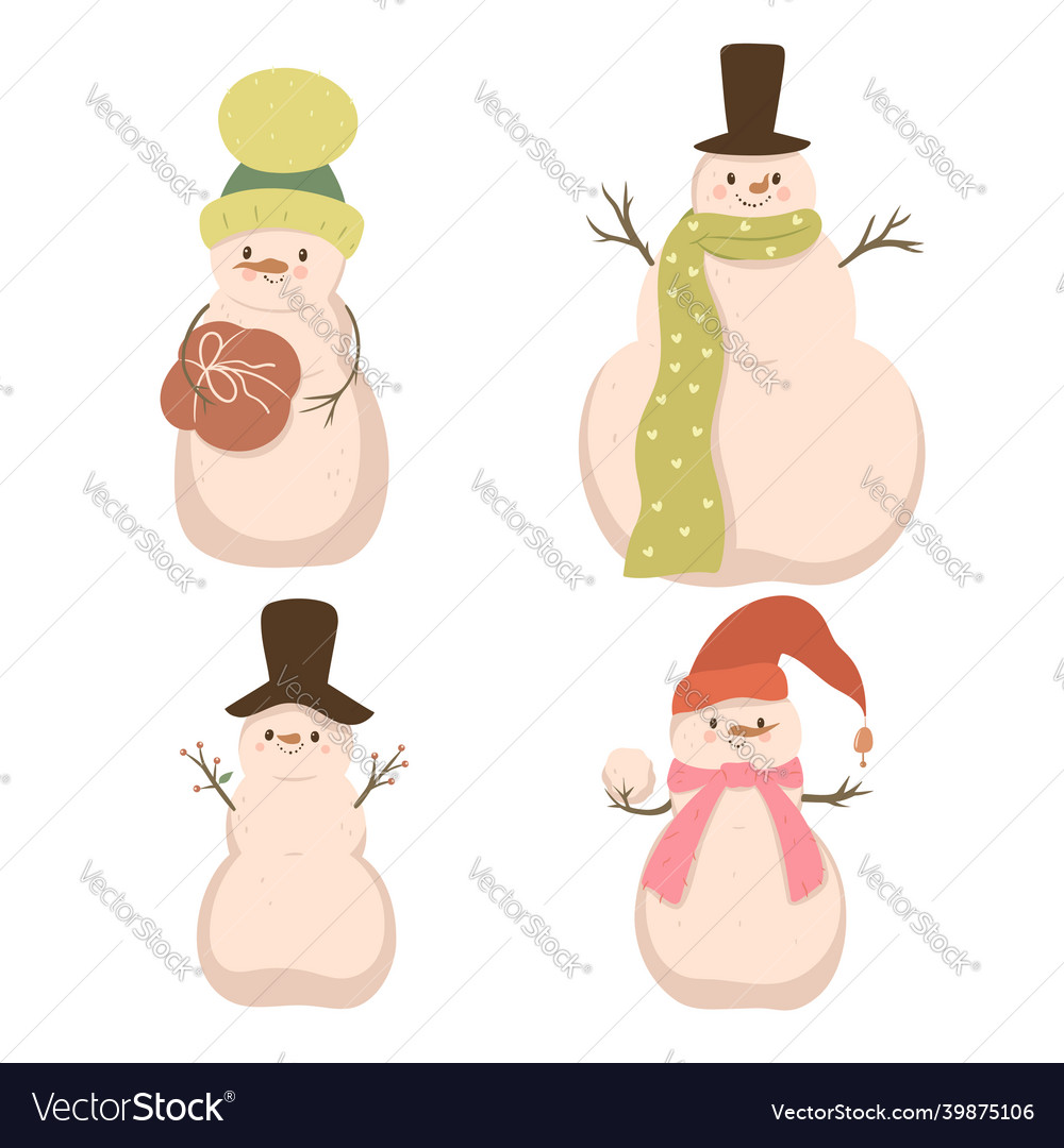 Set of four cute snowmen isolated on a white vector image Set of four cute snowmen isolated on a white