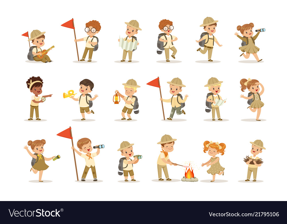 Set of girls and boys in scout costumes Royalty Free Vector