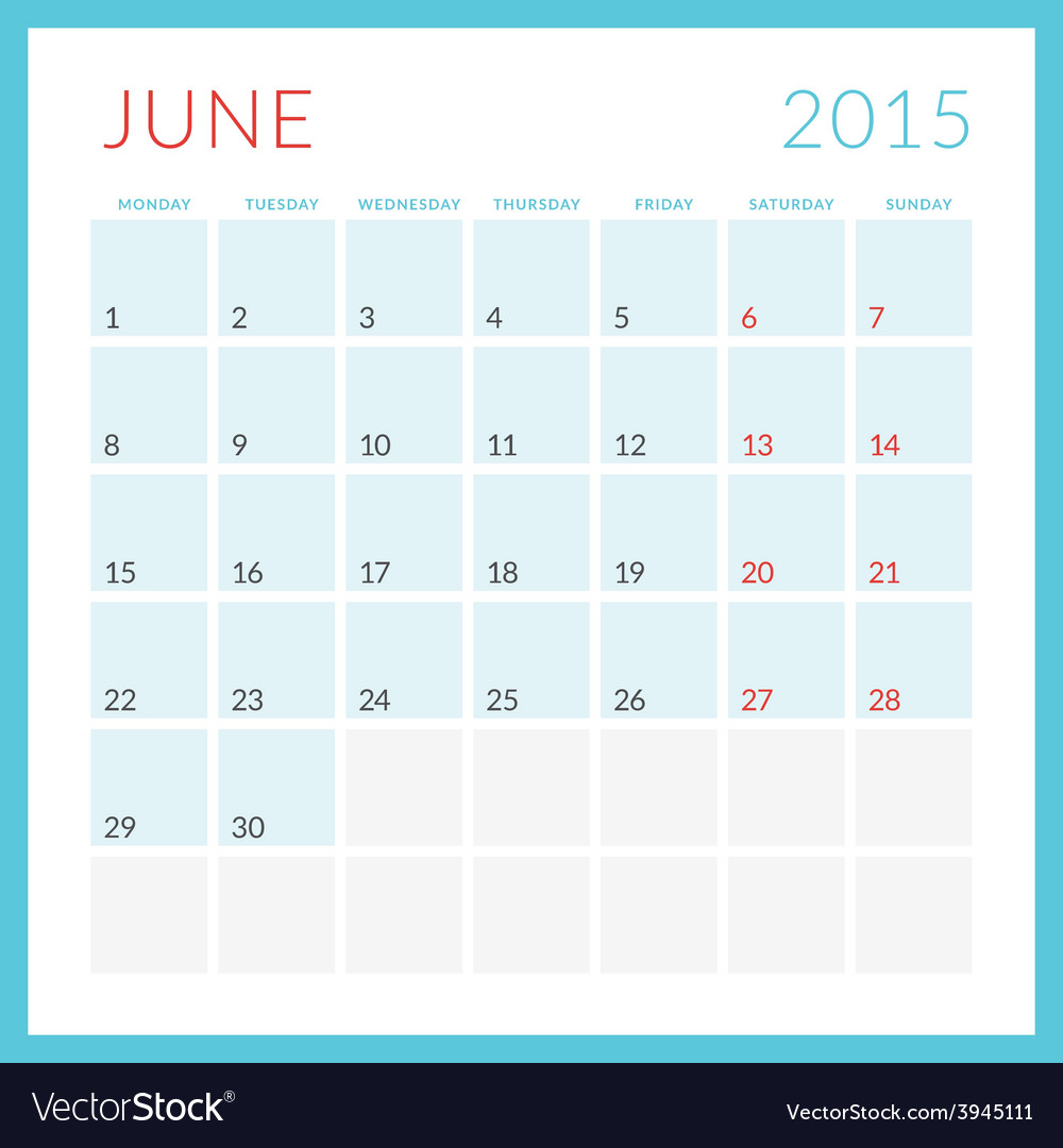 calendar 2015 flat design template june week vector image june calendar 2015 template