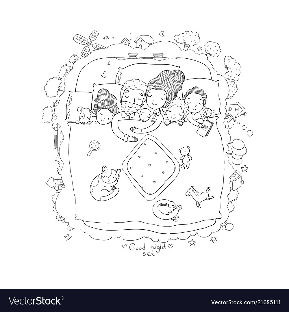 Family Cartoon Sleeping in Bed